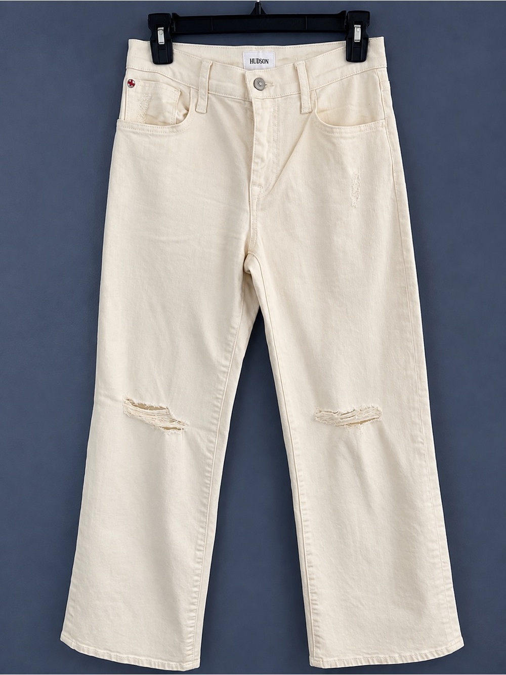 Hudson Jeans Cream High-Rise wide-Leg Jeans with Knee Rips